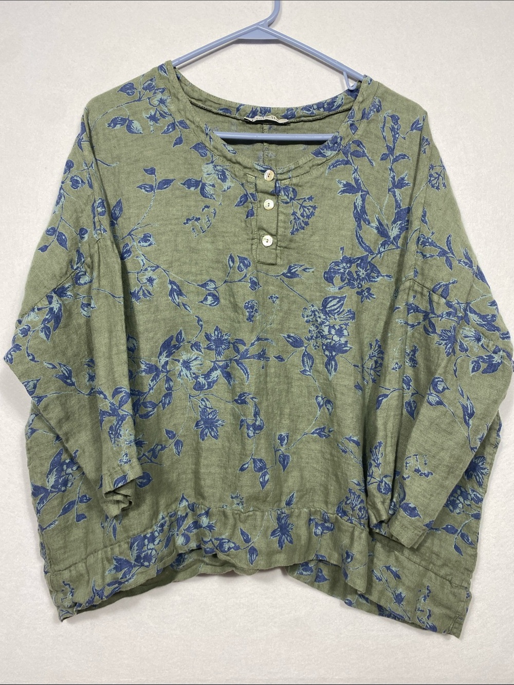 Liabella 100% Linen Made in Italy Sage Green & blue Floral Button-Neck Tunic Top - Picture 5 of 10